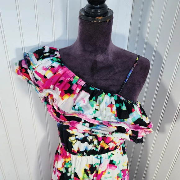 H&M Womens Dress sz 4 One Shoulder Bright Abstract Print Midi Ruffle Pink White - Picture 2 of 13